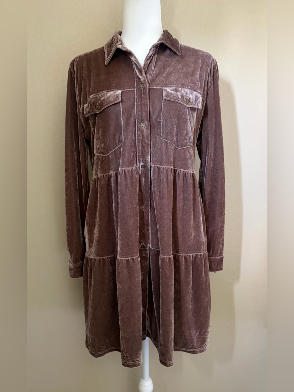 Umgee Mauve Velvet Tiered Shirt Dress Button Front Long Sleeve Size S